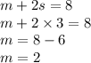 m + 2s = 8\\&#10;m + 2 \times 3 = 8\\&#10;m = 8 - 6\\&#10;m = 2