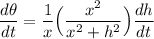 \displaystyle \frac{d\theta}{dt}=\frac{1}{x}\Big(\frac{x^2}{x^2+h^2}\Big)\frac{dh}{dt}