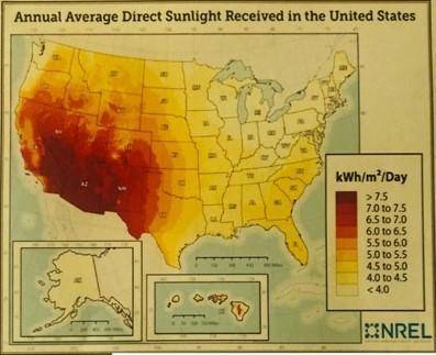 Which two states contain large areas that get more than 7.5 kWh/m2/day of

sunlight?
I A. California