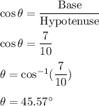 \cos\theta=\dfrac{\text{Base}}{\text{Hypotenuse}}\\\\\cos\theta=\dfrac{7}{10}\\\\\theta=\cos^{-1}(\dfrac{7}{10})\\\\\theta=45.57^{\circ}