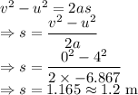 v^2-u^2=2as\\\Rightarrow s=\dfrac{v^2-u^2}{2a}\\\Rightarrow s=\dfrac{0^2-4^2}{2\times -6.867}\\\Rightarrow s=1.165\approx 1.2\ \text{m}