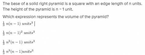 Which expression represents the volume of the pyramid? One-thirdn(n − 1) units3 One-thirdn(n − 1)2 u