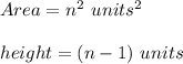 Area= n^2 \ units^2 \\\\height= (n-1) \ units\\