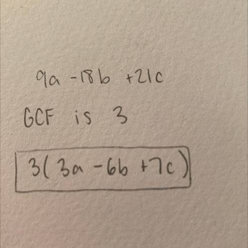 Apply the distributive property to factor out the greatest common factor of all three terms.

9a−18b