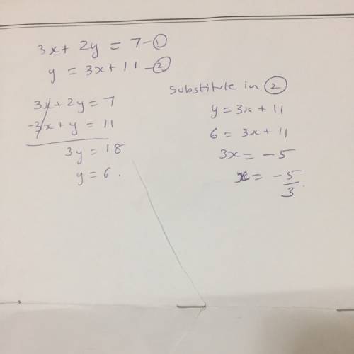 What is the solution of the system you subtraction 3 x + 2y equals 7 y equals 3x + 11