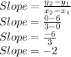 Slope=\frac{y_2-y_1}{x_2-x_1}\\Slope=\frac{0-6}{3-0}\\Slope=\frac{-6}{3}\\Slope=-2