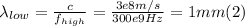 \lambda_{low} = \frac{c}{f_{high}}  = \frac{3e8m/s}{300e9Hz} = 1 mm (2)