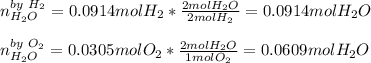 n_{H_2O}^{by\ H_2} = 0.0914molH_2*\frac{2molH_2O}{2molH_2} =0.0914molH_2O\\\\n_{H_2O}^{by\ O_2} = 0.0305molO_2*\frac{2molH_2O}{1molO_2} =0.0609molH_2O