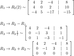 R_1\to R_2 (2) \sim \left[\begin{array}{ccccc}4&2&-4&|&8\\4&0&2&|&10\\ -4&5&-17&|&-15 \end{array}\right] \\\\\\R_2\to R_2-R_1\\R_3\to R_3  \frac{1}{7}  \sim \left[\begin{array}{ccccc}4&2&-4&|&8\\0&-1&3&|&1\\ 0&1&-3&|&-1 \end{array}\right] \\\\R_3\to R_3+R_2 \sim \left[\begin{array}{ccccc}4&2&-4&|&8\\0&-1&3&|&1\\ 0&0&0&|&0 \end{array}\right]