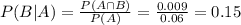 P(B|A) = \frac{P(A \cap B)}{P(A)} = \frac{0.009}{0.06} = 0.15