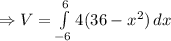 \Rightarrow V=\int\limits^6_{-6} {4(36-x^2)} \, dx