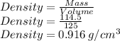 Density=\frac{Mass}{Volume}\\Density=\frac{114.5}{125}\\Density=0.916\:g/cm^3