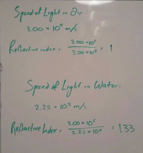 If the speed of light in air is 3.00 times 10 to the 8 m/s power and the speed of light in water is 