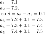 a_1=7.1 \\ a_2=7.2, \\\text{ so } d=a_2-a_1=0.1 \\ a_3=7.2+0.1=7.3 \\ a_4=7.3+0.1=7.4 \\ a_5=7.4+0.1=7.5