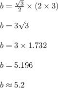b =  \frac{ \sqrt{3} }{2}  \times (2 \times 3) \\  \\ b = 3 \sqrt{3}  \\  \\ b = 3 \times 1.732 \\  \\ b = 5.196 \\  \\ b \approx 5.2