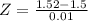 Z = \frac{1.52 - 1.5}{0.01}