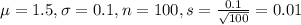\mu = 1.5, \sigma = 0.1, n = 100, s = \frac{0.1}{\sqrt{100}} = 0.01