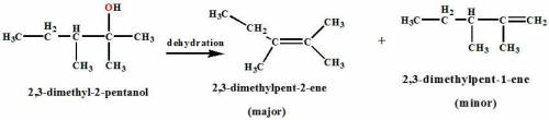 Identify the most common reaction conditions for the dehydration of 2,3-dimethyl-2-pentanol. A line-
