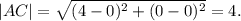 |AC|=\sqrt{(4-0)^2+(0-0)^2} =4.