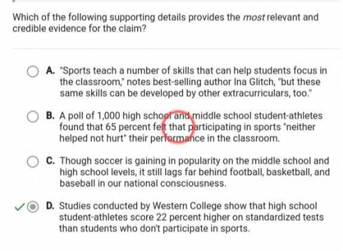 Read the following claim:

Parents should encourage their kids to participate in sports because it h