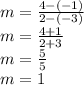 m =  \frac{4 - ( - 1)}{2 - ( - 3)}  \\ m =  \frac{4 + 1}{2 + 3}  \\ m =  \frac{5}{5}  \\ m = 1