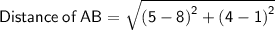 \sf{Distance  \: of \:  AB=    \sqrt{({5 - 8) }^{2} + {( 4 - 1) }^{2} }  }