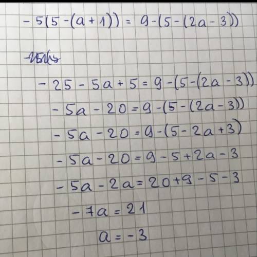 What is the solution to the equation -5(5-(a+1))=9-(5-(2a-
