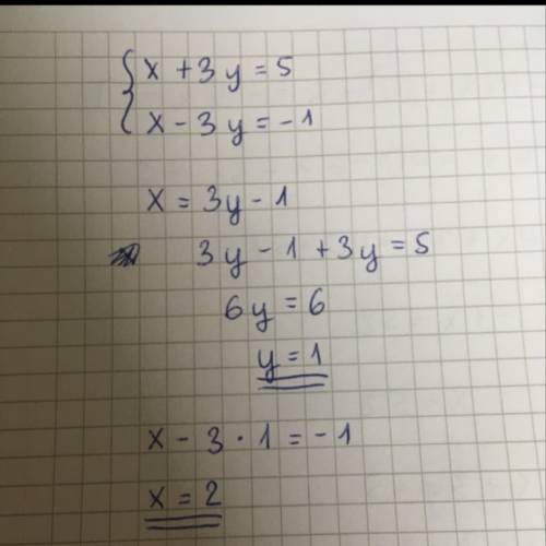 Given the system of equations, what is the solution?  x + 3y = 5 x - 3y = -1  {(-4, -3)} {(2, 1)} {(