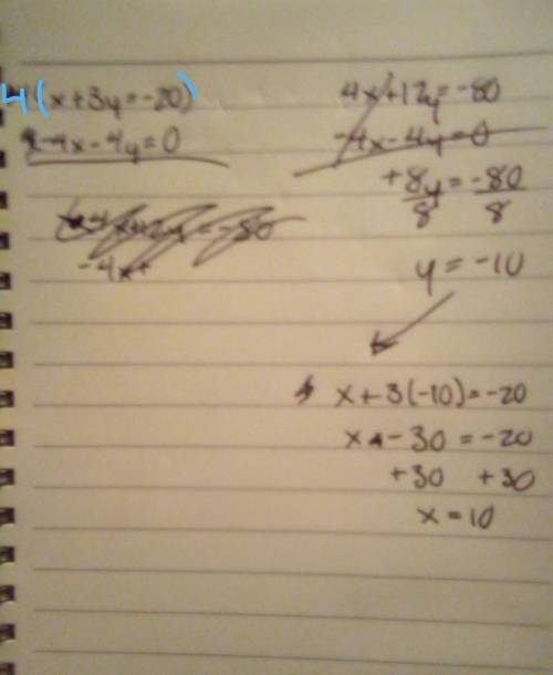 HELP ASAP

Solve the system of equations 
X + 3y = -20 and -4x - 4y=0 by combining the equations