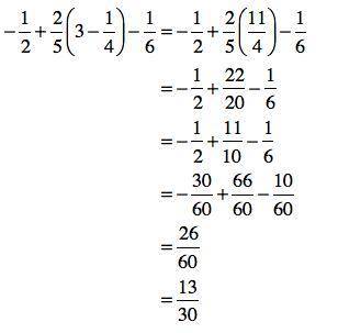 What is the value of -1/2 + 2/5(3 - 1/4) -1/6
