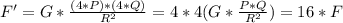 F' = G*\frac{(4*P)*(4*Q)}{R^2}  = 4*4(G*\frac{P*Q}{R^2} ) = 16*F