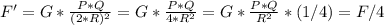 F' = G*\frac{P*Q}{(2*R)^2}  = G*\frac{P*Q}{4*R^2}  = G*\frac{P*Q}{R^2}*(1/4) = F/4