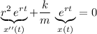 \displaystyle \underbrace{r^{2}\, e^{r t}}_{x^{\prime\prime}(t)} + \frac{k}{m}\, \underbrace{e^{r t}}_{x(t)} = 0