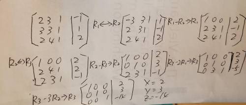 Consider the linear system of equations

2x + 3y + z = -13x + 3y + z = 12x + 4y + z = 2b) Solve the