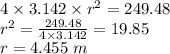 4\times 3.142\times r^2=249.48\\r^2=\frac{249.48}{4\times 3.142}=19.85\\r=4.455\ m