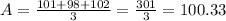 A = \frac{101 + 98 + 102}{3} = \frac{301}{3} = 100.33