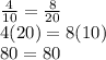\frac{4}{10}  =  \frac{8}{20}  \\ 4(20)  = 8(10) \\ 80 = 80