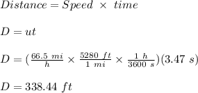 Distance = Speed \ \times \ time \\\\D = ut\\\\D = (\frac{66.5 \ mi}{h} \times  \frac{5280 \ ft}{1 \ mi} \times \frac{1 \ h}{3600 \ s} )(3.47 \ s)\\\\D = 338.44 \ ft