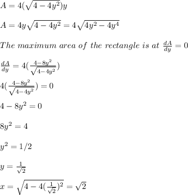 A=4(\sqrt{4-4y^2} )y\\\\A=4y\sqrt{4-4y^2}=4\sqrt{4y^2-4y^4}  \\\\The\ maximum\ area\ of\ the\ rectangle\ is\ at\ \frac{dA}{dy}=0\\\\  \frac{dA}{dy}=4(\frac{4-8y^2}{\sqrt{4-4y^2} } )\\\\4(\frac{4-8y^2}{\sqrt{4-4y^2} } )=0\\\\4-8y^2=0\\\\8y^2=4\\\\y^2=1/2\\\\y=\frac{1}{\sqrt{2} }\\\\x=\sqrt{4-4(\frac{1}{\sqrt{2} })^2}=\sqrt{2}