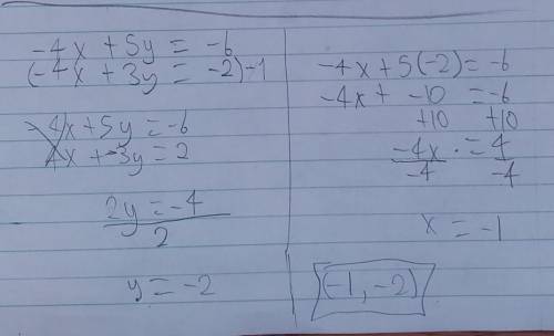 Solve using elimination.
-4x + 5y = -6
-4x + 3y = -2