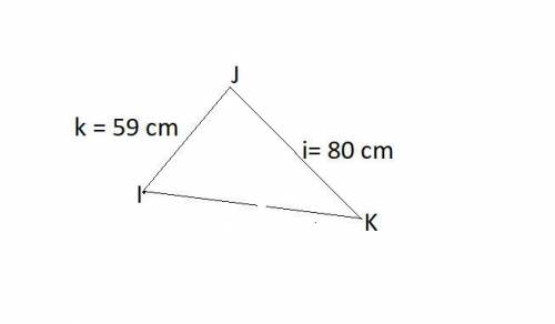 In ΔIJK, k = 59 cm, i = 80 cm and ∠J=106°. Find the length of j, to the nearest centimeter.