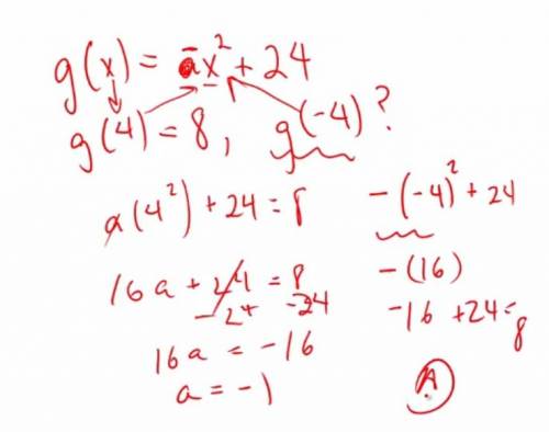 For the function g defined below, a is a constant and g(4)=8. what is the value of g(-4)? [tex]g(x) 