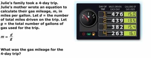 Julie’s family took a 4-day trip. Julie’s mother wrote an equation to calculate their gas mileage, m