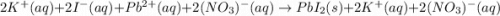 2K^+(aq)+2I^-(aq)+Pb^{2+}(aq)+2(NO_3)^-(aq)\rightarrow PbI_2(s)+2K^+(aq)+2(NO_3)^-(aq)