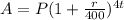 A=P(1+\frac{r}{400})^{4t}