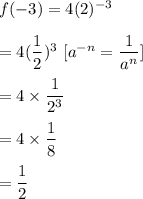 f(-3)=4(2)^{-3}\\\\=4(\dfrac{1}{2})^3\ [a^{-n}=\dfrac1{a^n}]\\\\=4\times\dfrac1{2^3}\\\\=4\times\dfrac18\\\\=\dfrac12