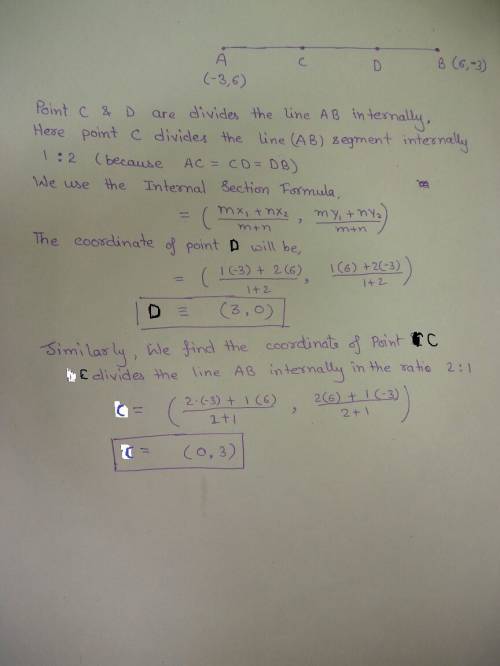 In the diagram, c and d are located such that `bar(ab)` is divided into three equal parts. what are 