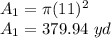 A_1=\pi (11)^{2}\\A_1=379.94 \ yd