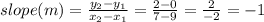slope (m) = \frac{y_2 - y_1}{x_2 - x_1} = \frac{2 - 0}{7 - 9} = \frac{2}{-2} = -1