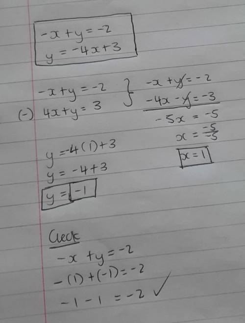 Solve the following systems of equations. -x + y = -2 and y= -4x + 3